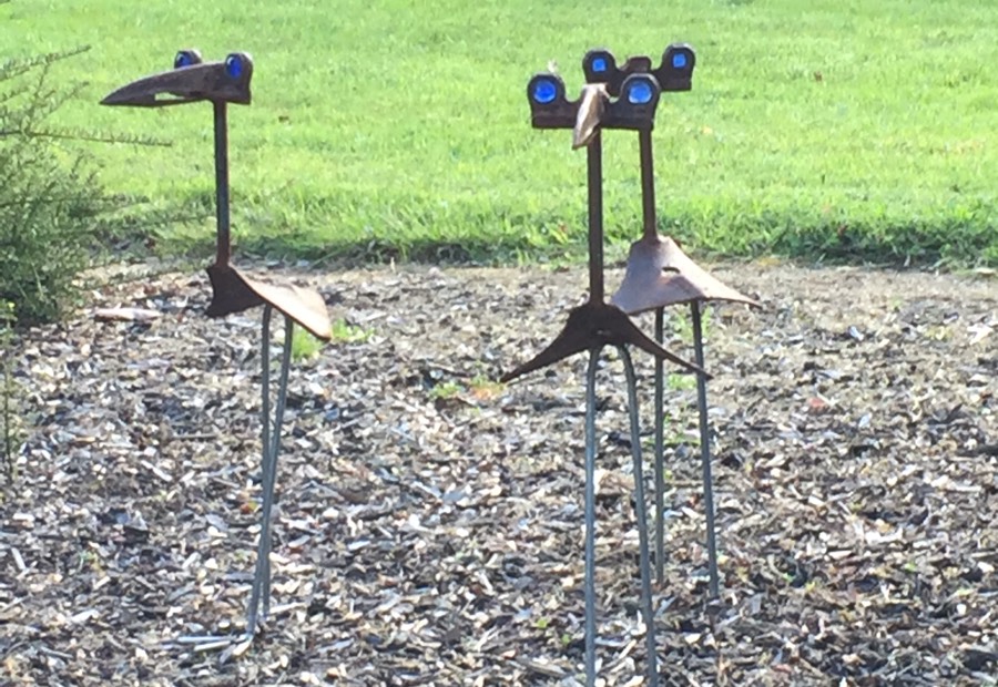 steel sculptures of tall, gangly birds with blue bottle eyes