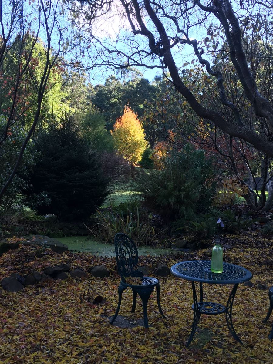wrought iron table and chairs with autumnal vista